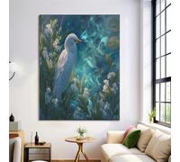 Impressions Sur Toile Réalisme Naturaliste Murale Decoration Aigrettes Branches Et Feuilles, Bleu-Vert Muraux Déco Pour Chambre Salon Salle De Bain, 100 x 70 cm, Sans Cadre