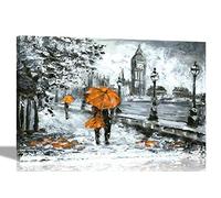Impressions sur toile représentant un couple romantique à Londres avec parapluie orange - Impression sur toile tendue et encadrée pour la maison, le salon - 86 x 61 cm