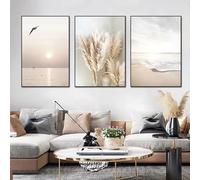 Impressions sur toile représentant un paysage de plage avec des vagues et un lever de soleil, dans un décor naturel et végétal, au bord de la mer (40 x 60 cm x 3/cadre). Décoration murale pour salon.