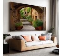 Impressions sur Toile Rétro maison pierre rue plantes Grande Tableau Murale Decoration Salon Photo sur Toile, Image sur Toile Tableaux Chambre Maison sans Cadre (100 cm x 50 cm)