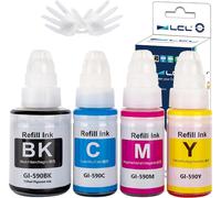Imprimante Bouteille d'encre Compatible GI-490 GI-590 GI-590BK GI-590C GI-590M GI-590Y (4-PK,1K Pigment 135ML,CMY Dye 70ML) Remplacement pour Canon PIXMA G1000 G1400 G1500 G2000 G2400 G2500 G3000