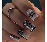 Imprimante léopard sur ongles à paillettes - Couverture complète - Faux ongles courts carrés - Pour l'hiver - Faux ongles courts carrés - Faux ongles gris - Presse d'impression léopard sur ongles