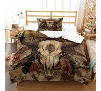 Imprimé 3D Bull Skull-Native American Art Style Parure De Lit Microfibre Super Douce Et Respirante Housse De Couette 2 Pièces Et Taie d'oreiller Single（135x200cm）