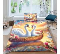 Imprimé 3D Cygne Ensemble De Literie Microfibre Super Douce Et Respirante Set De Housse De Couette 3 Pièces Et Taie d'oreiller Single（135x200cm）