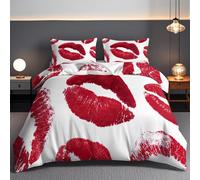 Imprimé Baiser Rouge À Lèvres Housse de Couette Parure de Lit 260x240cm avec 2 Taies d'oreiller,Rouge Blanc Simple Réversible Doux Literie Housse Couette en Microfibre avec Fermeture Éclair
