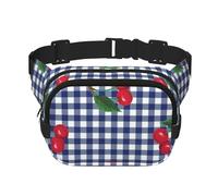 Imprimé Cerises à Carreaux Bleus,Sac Banane carré Double Couche, Sac de Poitrine