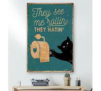 Imprimé chat avec inscription « Cat They See Me Rollin They Hatin » - Décoration de salle de bain amusante - Impression artistique - Cadres amusants - Plaque murale - 20,3 x 30,5 cm