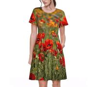 Imprimé coquelicot - Élégante robe d'été fluide à manches courtes avec poches latérales, Noir , XL
