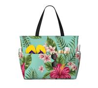 Imprimé de fleurs de frangipanier et d'hibiscus, motif de feuille de palmier exotique de la jungle,Sac de plage grande capacité, sac bandoulière de voyage pour femme - Sac fourre-tout imperméable