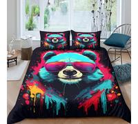 Imprimé en 3D Art d'ours Cool Housse de Couette Microfibre Linge de lit avec taie d'oreiller Précieux Design de Style Pop Art Taie de Couette Beau pour familles Grands-Parents Amis King（220x240cm）