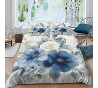 Imprimé en 3D BlueFlowerHousse de couette Linge de lit Avec taie d'oreiller Ultra-doux Style aquarelle botanique Taie de couette Anti-acarien pour travailleurs célibataires familles Double（200x200cm）