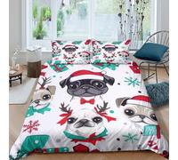 Imprimé en 3D carlin de Noël Housse de couette Microfibre Linge de lit Avec taie d'oreiller Doux chien festif de dessin animé Taie de couette Léger pour jeunes adolescents couples King（220x240cm）