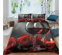Imprimé en 3D Coffret à vin romantique Couverture housse Linge de lit Avec taie d'oreiller Luxe Roses rouges à la bougie Housse de couette Qualité pour couples amis proches Single（140x200cm）