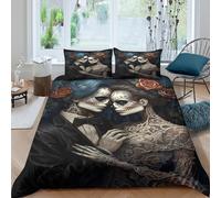 Imprimé en 3D Couple Squelette Housse pour Couette Microfibre Linge de lit avec taie d'oreiller Précieux Art du Jour des Morts Couverture Housse Beau pour Parents Amis Proches Double（200x200cm）