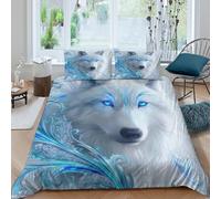 Imprimé en 3D du loup d'hiver Housse de couette Linge de lit Avec taie d'oreiller Léger conception de créatures fantastiques Taie de couette Lavable pour adolescents célibataires King（220x240cm）