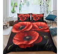 Imprimé en 3D Fleurs de Pavot Rouge Housse pour Couette Microfibre Linge de lit avec taie d'oreiller Beau Style d'art botanique Couverture Housse Luxe pour Amis collègues familles Single（135x200cm）