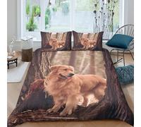 Imprimé en 3D Golden retriever Taie de couette Linge de lit Avec taie d'oreiller Durable style promenade en forêt Housse pour couette Doux pour étudiants résidents colocataires Super king（260x220cm）