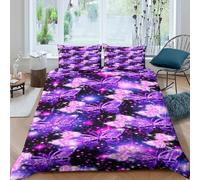 Imprimé en 3D Papillons violets Taie de couette Linge de lit Avec taie d'oreiller Paillettes féeriques Housse pour couette Séchant rapide pour adultes travailleurs familles Single（135x200cm）
