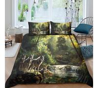Imprimé en 3D scène de loups de forêt Couverture housse Linge de lit Avec taie d'oreiller Anti-acarien Peinture d'animalier Housse de couette Ultra-doux pour étudiants résidents Double（200x200cm）