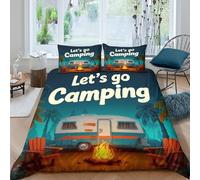 Imprimé en 3D Soirée autour du feu de camp Couverture housse Linge de lit Avec taie d'oreiller Précieux style de caravane rétro Housse de couette Beau pour collègues couples parents King（220x240cm）