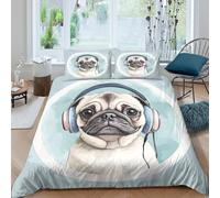 Imprimé en 3D Un carlin portant des écouteurs Taie de couette Microfibre Linge de lit Avec taie d'oreiller Doux Housse pour couette Léger pour adolescents étudiants jeunes Super king（260x220cm）