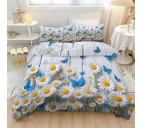 Imprimé Housse de Couette 240 x 260 cm, Parure de Lit en Microfibre Motif Plante Marguerite Planche en Bois Papillon, Blanc Douce Réversible Housse de Couette avec Fermeture Éclair pour Adulte Enfant