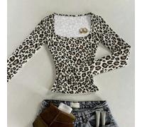 Imprimé léopard beige classique et marron clair, t-shirt slim à col carré à manches longues, imprimé animal, convenant pour les quatre saisons, t-shirt mode, cadeau pour frères et sœurs, cadeau pour m