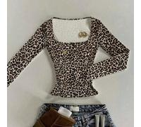 Imprimé léopard noir classique et marron clair, t-shirt slim à manches longues et col carré, imprimé animal, convient pour les quatre saisons, t-shirt mode, cadeau pour frères et sœurs, cadeau pour mè