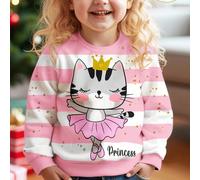 Imprimé mignon de chat de ballet, rayures roses, jeunes filles décontracté ample col rond confortable doux tricot manches longues Sweat-shirt-shirt, convient pour l'automne/l'hiver 6Y,7Y,4Y,5YCartoonÉ