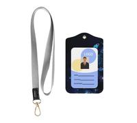 Imprimé papillons bleu foncé - Porte-badge professionnel en cuir synthétique avec cordon - Fenêtre transparente imperméable pour le personnel de bureau, hôpital.