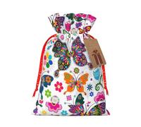 Imprimé papillons et fleurs colorés 12 x 17 cm Sac de Noël avec cordon de serrage, idéal pour les adultes pour emballer des cadeaux pour Noël Halloween