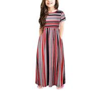 Imprimé Robes Manches Bébé Vêtements Enfant Robe Rayée Manches Courtes Fille Robe Jupe Écossaise Femme, rouge, 130