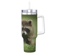 Imprimé tendance raton laveur mignon,Gobelet isotherme Ice Bully de 40 oz avec poignée, couvercle et paille, en acier inoxydable, pour voiture ou café.