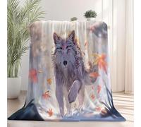 Imprimée Anime Gros Plan Scène enneigée Loup Couverture en Peluche, Gris Couverture De Lit en Microfibre Douce Et Chaude, Automne/Hiver Couvertures pour Les Voyages, Le Bureau et Le canapé 100×130 cm