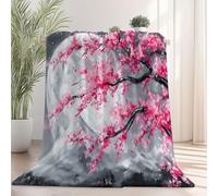 Imprimée Lune à l'aquarelle mont Fuji cerisier en fleurs Couverture En Peluche, Gris Couverture De Lit En Douce Et Chaude, Automne/Hiver Couvertures pour les voyages, le bureau et le canapé 130×150 cm