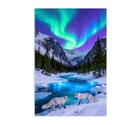 imprimée sur toile murale Aurores boréales avec rivière Peinture sur Toile Renard jouant dans Snow Valley River Blue Tableau Décoration pour salon chambre à coucher animal 60x40cm(24x16in)poster