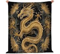 Imprimér Couverture Polaire Noir Or, Chinois Luxe Dragon Doré Moelleuse Confortable Couverture en Flanelle pour Adolescent Adultes - 200 x 220 cm pour Lit Canapé