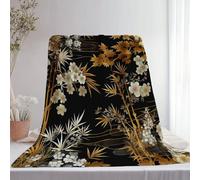 Imprimér Couverture Polaire Noir Or, Chinois Luxe Peinture Botanique Moelleuse Confortable Couverture en Flanelle pour Adolescent Adultes - 200 x 220 cm pour Lit Canapé