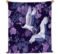 Imprimér Couverture Polaire Violet Foncé, Aquarelle Fleur De Cerisier Grue Moelleuse Confortable Couverture en Flanelle pour Adolescent Adultes - 200 x 220 cm pour Lit Canapé