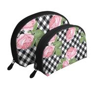 Imprimer des Roses sur Un Plaid Noir et Blanc, Trousse de Maquillage Coquille Femme Petit Porte-Monnaie Trousse de Toilette Trousse à cosmétiques 2 pièces