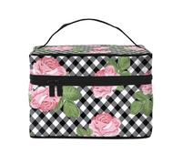 Imprimer des Roses sur Un Plaid Noir et Blanc, Trousse de Maquillage Trousse à cosmétiques Trousse de Toilette de Voyage Portable Trousse à Crayons