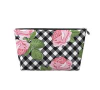 Imprimer des Roses sur Un Plaid Noir et Blanc, Trousse de Toilette Trousse de Maquillage Sac à cosmétiques Trousse de Toilette de Voyage Portable
