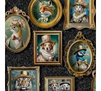 Imprimés d'animaux royaux dans des cadres photo dans des costumes de style victorien Papier peint parfait pour les murs d'accent, les chambres, charbon Holden 13790