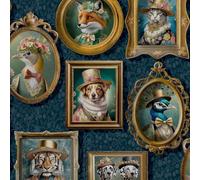 Imprimés d'animaux royaux dans des cadres photo dans des costumes de style victorien Papier peint parfait pour les murs d'accent, les chambres, bleu marine Holden 13791