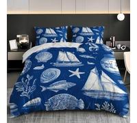 ImpriméS sur Le ThèMe de L'OcéAn Imprimé 3D Parure de lit 3 pièces en Microfibre Douce et Respirante Bleu Housse de Couette et 2 Taie d'oreiller pour Garçon et Adolescent 200x200 cm
