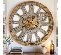 ImprovingLife Horloge Murale Vintage Industrielle de 91,4 cm avec véritable engrenage de déménagement Rustique (Bois et Pierre)