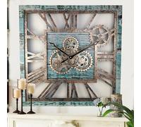 ImprovingLife The Gears Clock - Horloge murale carrée, 61 cm, avec engrenages réels, vintage, industriel, oversize, rustique, ferme (vert eau)