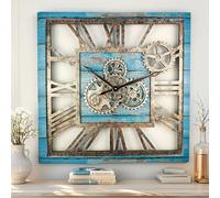 ImprovingLife The Gears Clock - Horloge murale carrée, 61 cm, avec engrenages réels, vintage, industriel, surdimensionné, rustique, maison de campagne (bleu océan)