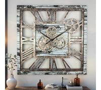 ImprovingLife The Gears Clock Horloge murale carrée de 61 cm avec engrenages réels en mouvement, vintage, industrielle, surdimensionnée, rustique, style ferme (gris et blanc)