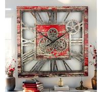 ImprovingLife The Gears Clock - Horloge murale carrée surdimensionnée avec engrenages mobiles, 61 cm, style rustique vintage industriel (lave rouge)